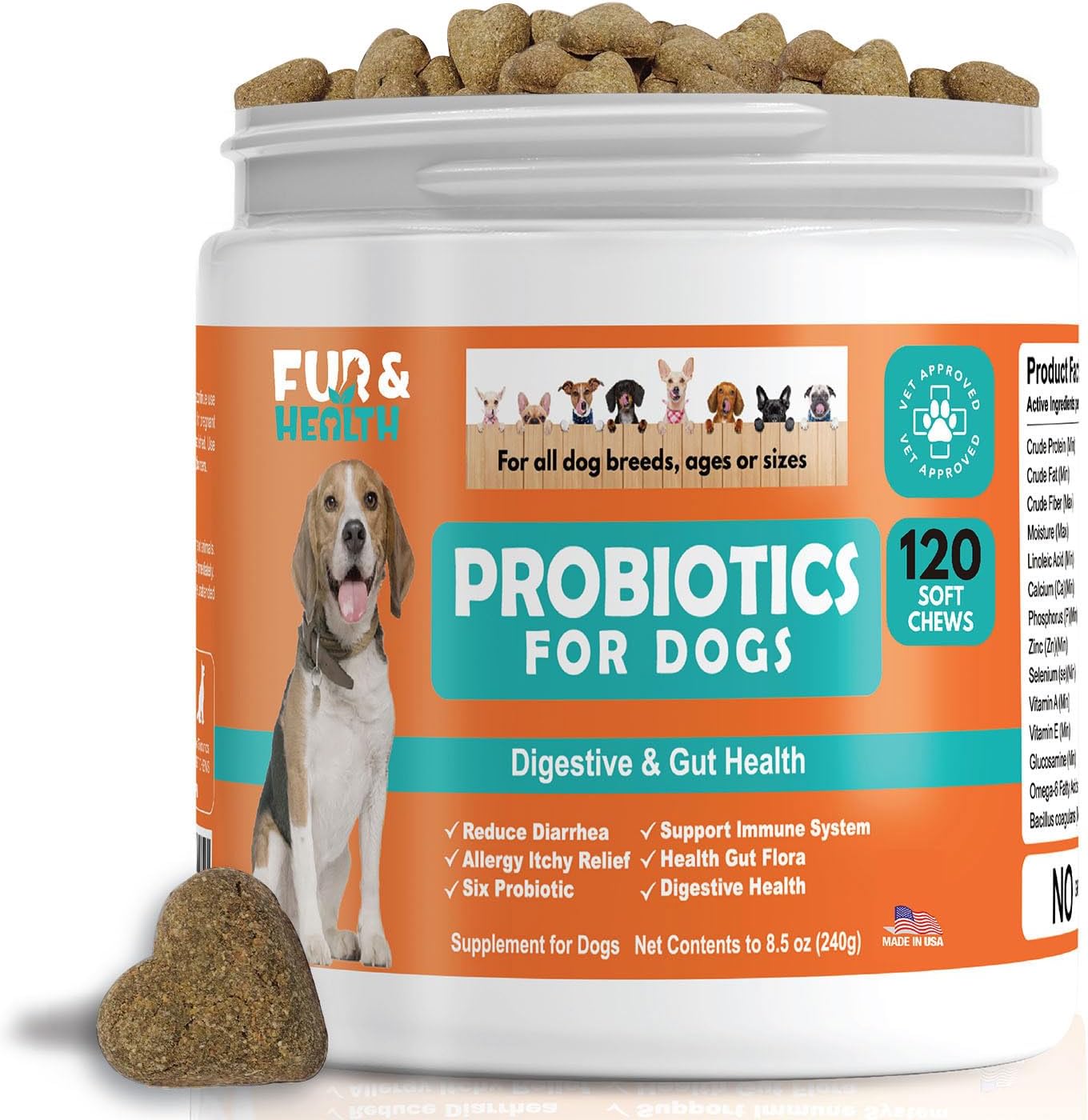 Fur & Health Probiotics for Dogs - Digestive Health Soft Chews with Probiotics & Enzymes