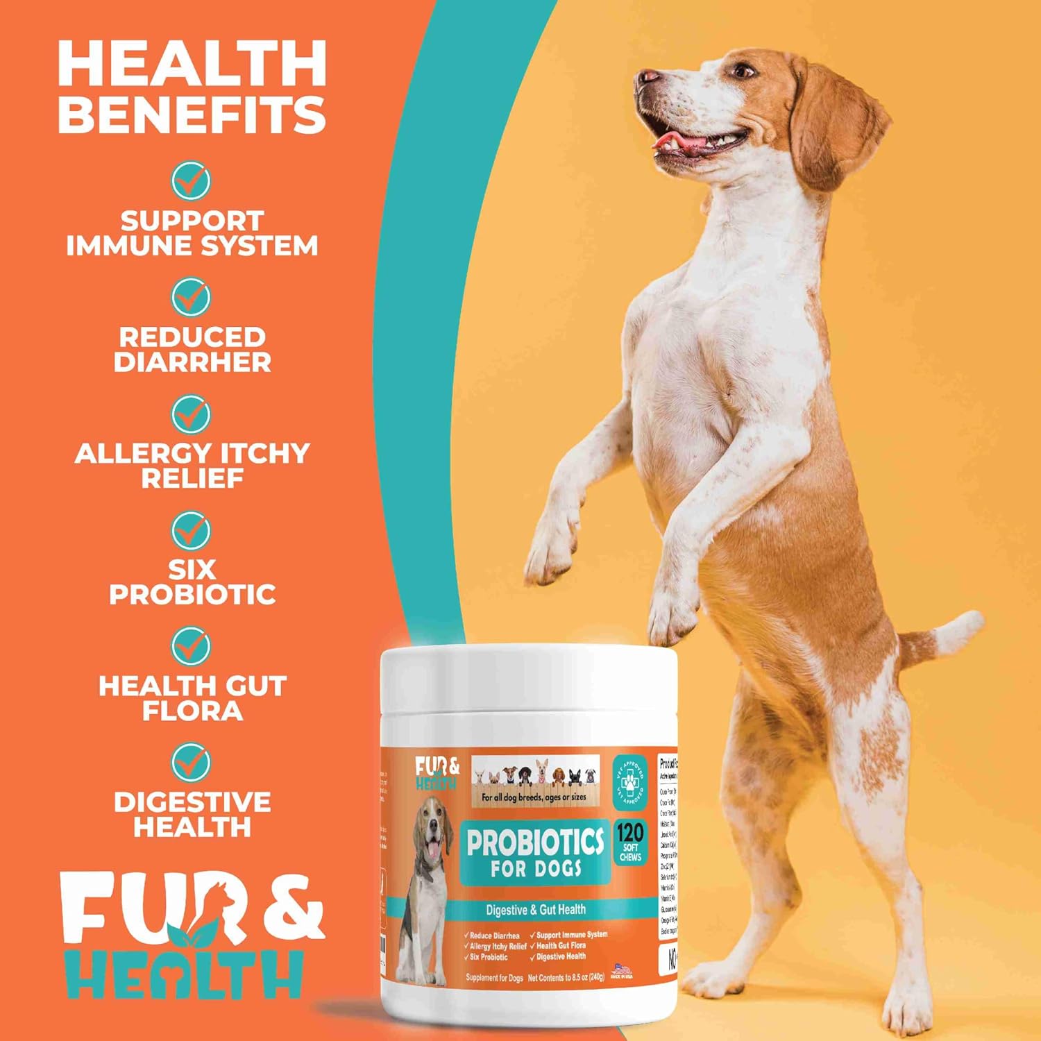 Fur & Health Probiotics for Dogs - Digestive Health Soft Chews with Probiotics & Enzymes