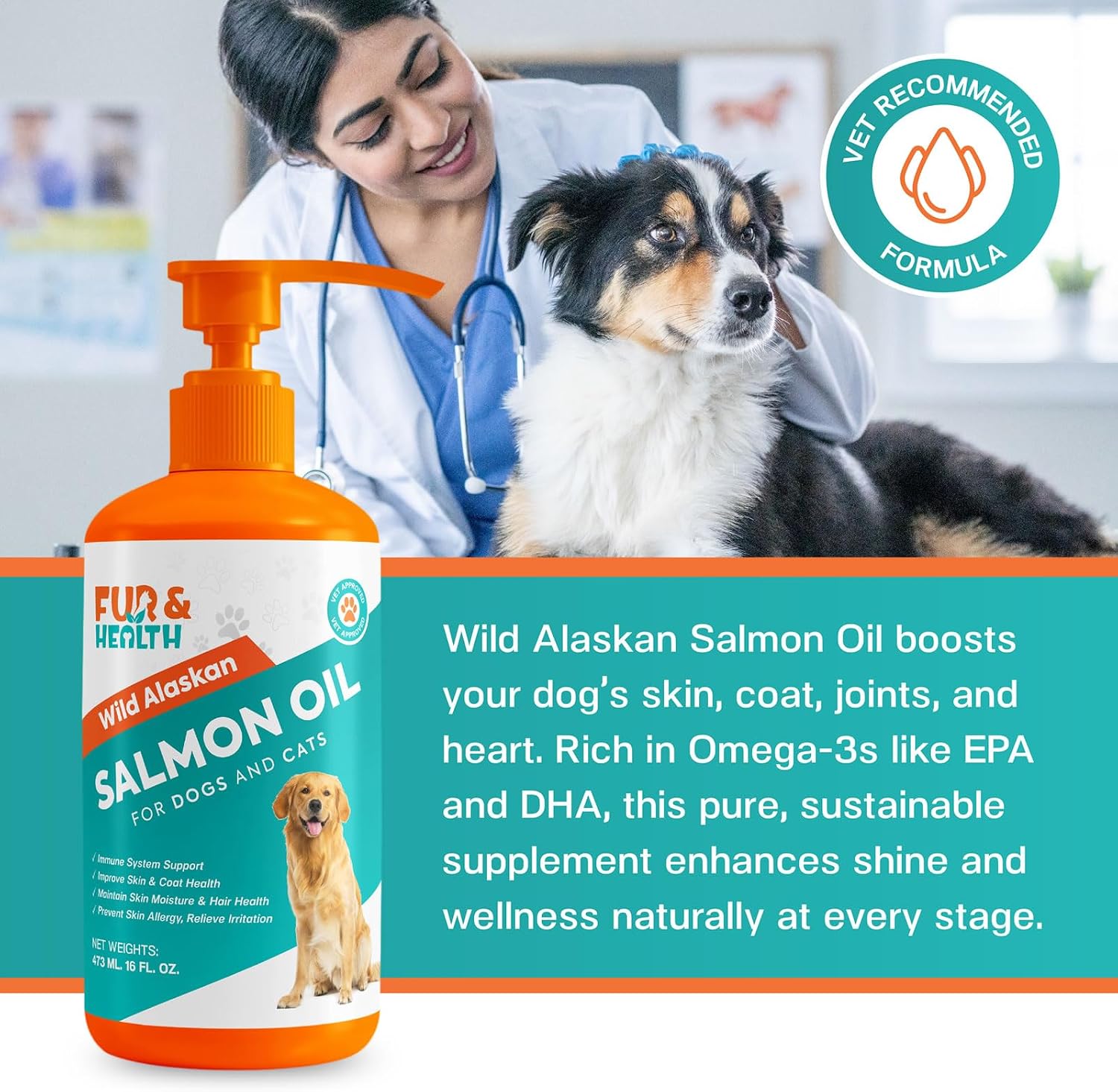 Fur & Health Wild Alaskan Salmon Oil for Dogs & Cats | Omega-3 EPA & DHA Supplement for Healthy Skin, Shiny Coat & Joint Support