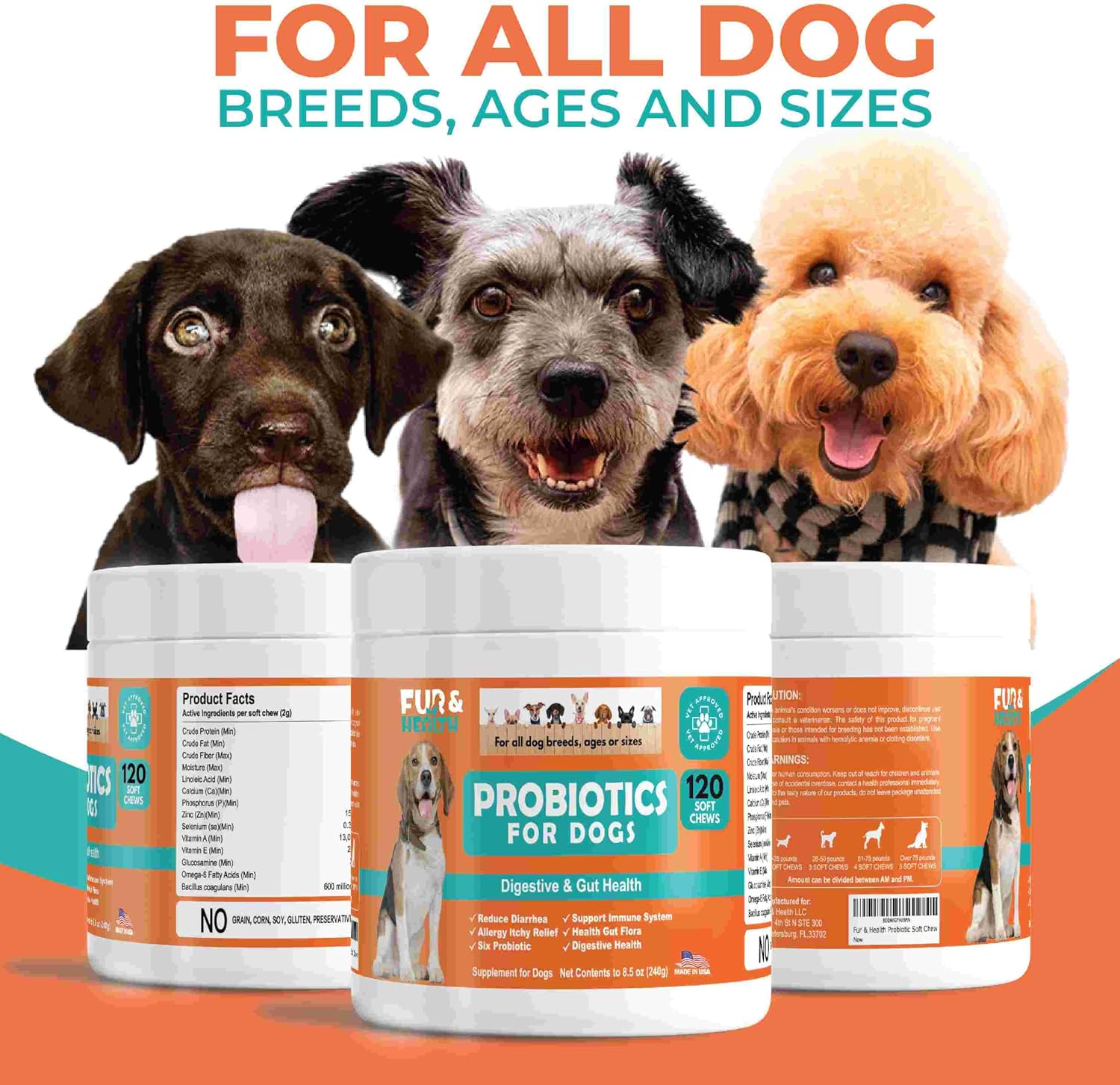 Fur & Health Probiotics for Dogs - Digestive Health Soft Chews with Probiotics & Enzymes