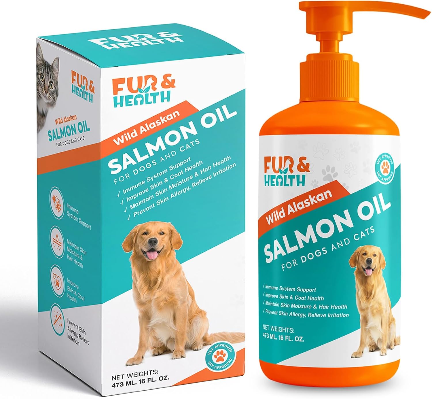 Fur & Health Wild Alaskan Salmon Oil for Dogs & Cats | Omega-3 EPA & DHA Supplement for Healthy Skin, Shiny Coat & Joint Support