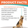 Dog supplement product facts with glucosamine, OptiMSM, chondroitin, green lipped mussels, and omega-3