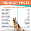 German Shepherd beside product facts panel listing the guaranteed analysis and active ingredients per 2g soft chew, including protein, vitamins, minerals, and probiotics.