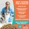 Female veterinarian with a happy Border Collie and Fur & Health dog chews, highlighting USA-made, vet-reviewed formula with premium ingredients and irresistible flavor.
