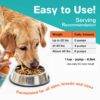 Golden retriever eating kibble with salmon oil being pumped onto food and daily dosage chart