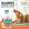 Dog scratching itself next to allergy support chew supplement container with 120 soft chews for gut and immune health