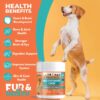Happy dog standing on two legs next to a jar of Fur & Health Multivitamins Chew – advanced 15-in-1 dog supplement for immune, joint, skin, and brain health.