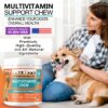 Corgi dog sitting happily with owner next to a jar of Fur & Health Multivitamin Support Chew – natural dog supplement for overall health made in the USA.